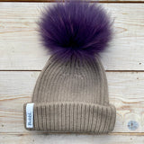 Classic Pompom Hat - Beige/Purple